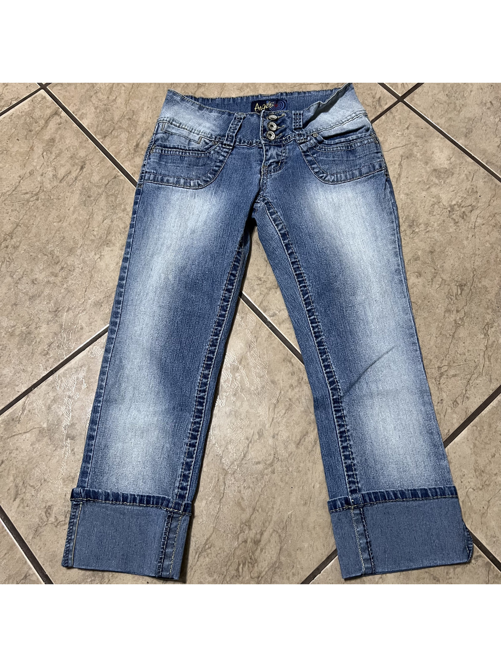 Y2K Angels Thick Belt Waist Low Rise Cuffed Crazy Fade Denim Capri Pants Size 26